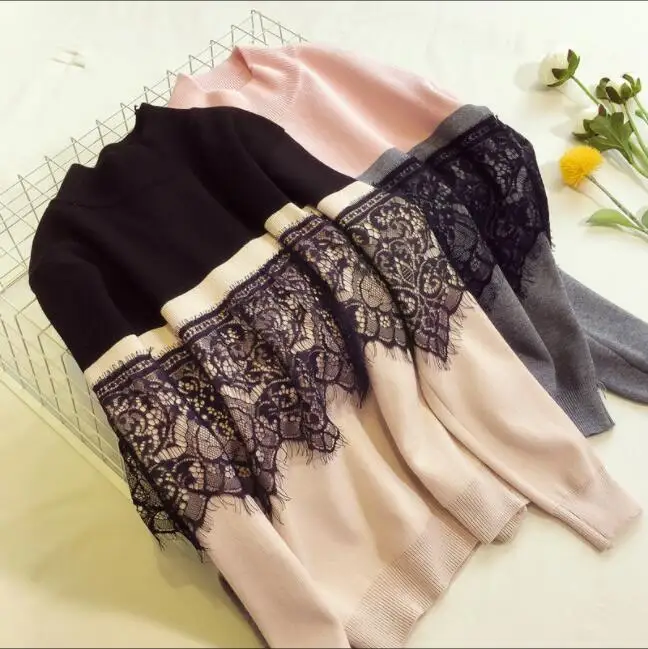 new fashion women autumn winter lace patchwork long sleeve loose knitted bottom sweaters pull femme new fashion women autumn winter lace patchwork long sleeve loose knitted bottom sweaters pull femme