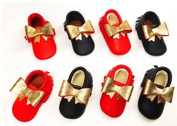 

Winter Big Gold Bow Genuine Leather baby girls shoes fringe baby moccasins with fur hard rubber sole non-slip Christmas gifts