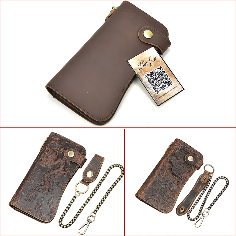 Luufan Men's Leather Long Wallet With 3D Embossing Key Chain Wallet With Iron Chain 100% Genuine Leather Wallet For Cards 5