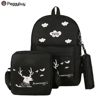 

3pcs/Set Cartoon Cute Animal Print School Bag Women Canvas Backpacks For Teenager Girls Preppy Style Big Capacity Rucksack