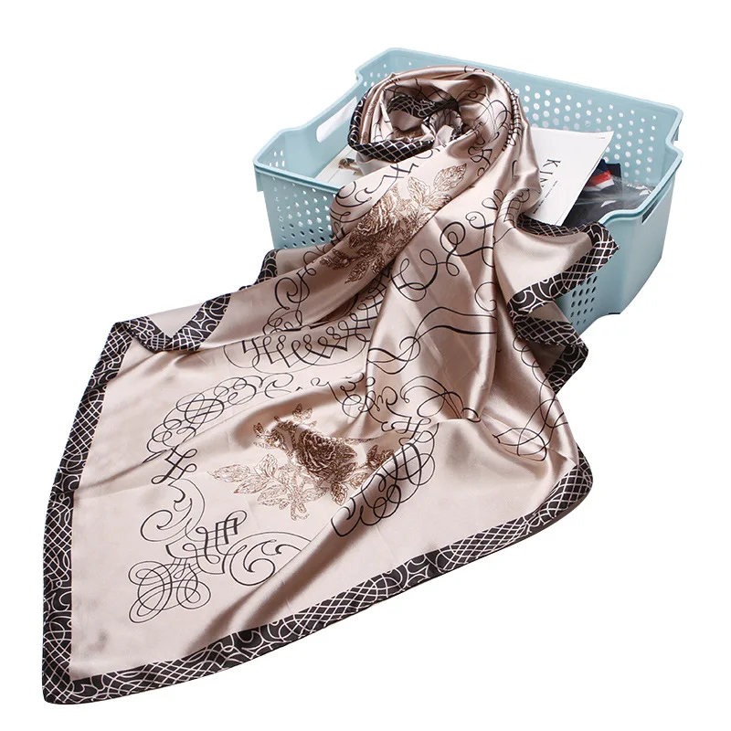 

90*90cm New 2019 Summer Women Silk Scarf Vintage Line Prints Satin Big Square Wraps Luxury Brand Colors Scarves Shawl Head Hijab