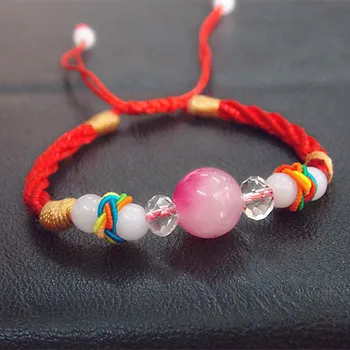 

Knitted red rope bracelet Crystal beads peach red color bracelet