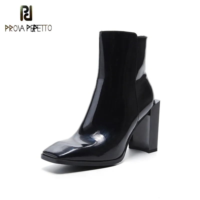 

Prova Perfetto British Style Real Cow Patent Leather Square Toe Square Heel Short Boots Solid Zipper Rome Super High Heel Boot