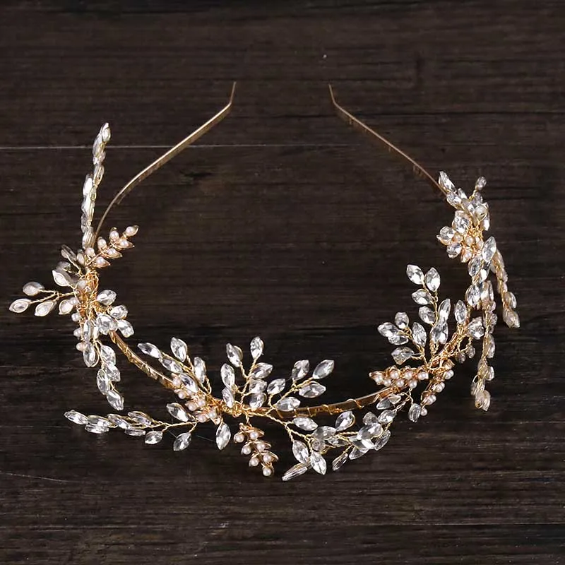 Shin Crystal Gold Leaf Metal Tiaras for women Bridal Headband Tiara