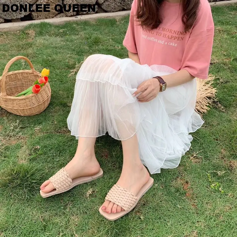 DONLEE QUEEN/женские шлепанцы; женские сабо на платформе; сезон лето; женские резиновые шлепанцы с открытыми пальцами; тканая обувь на плоской подошве; сандалии без застежки