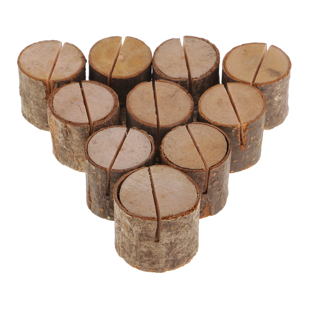 10x Wooden Log Blocks Wedding Table Number Stand Place Name Memo Card Holder 