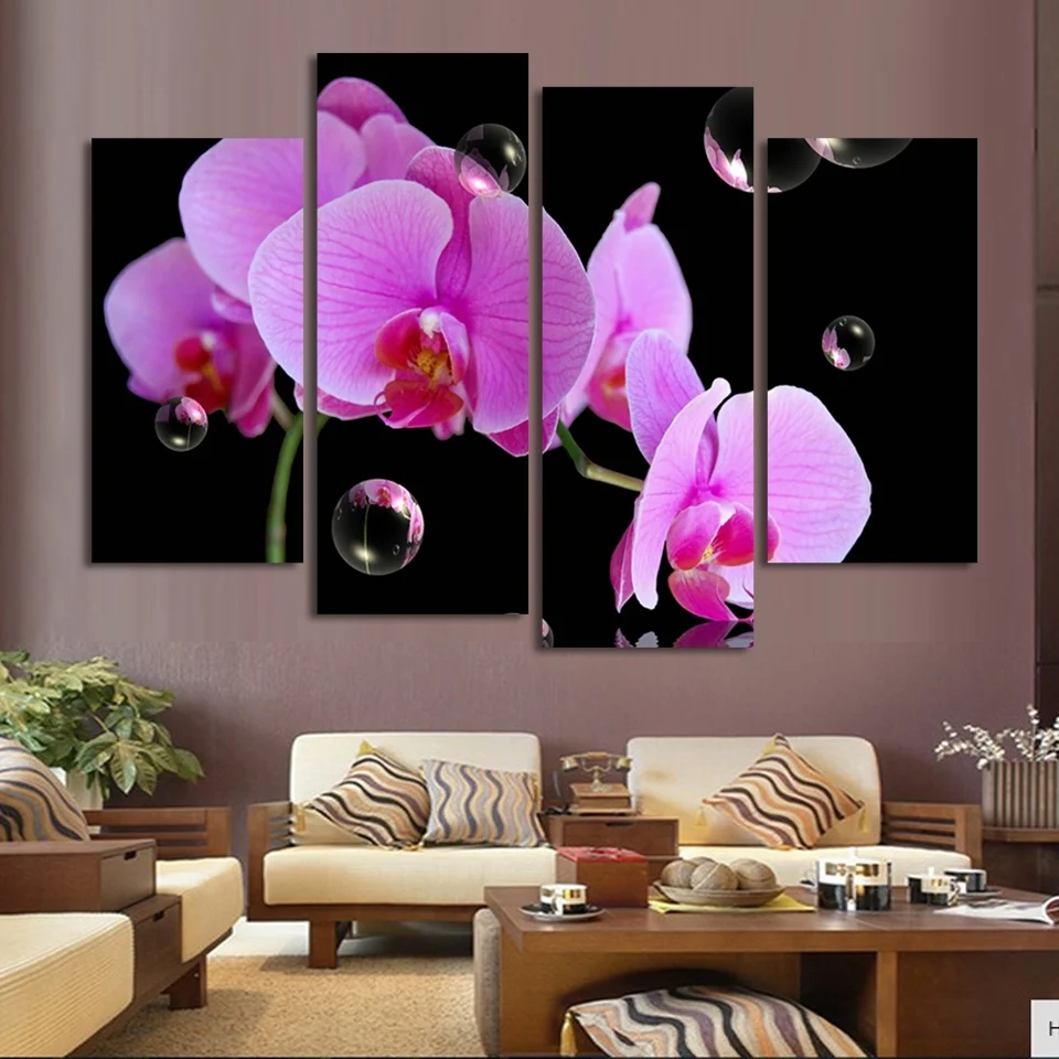 

Modular Picture Artwork Canvas 4 Panel Orchids And Bubbles Wall Art Poster Painting Framework Modern Living Room Decorative