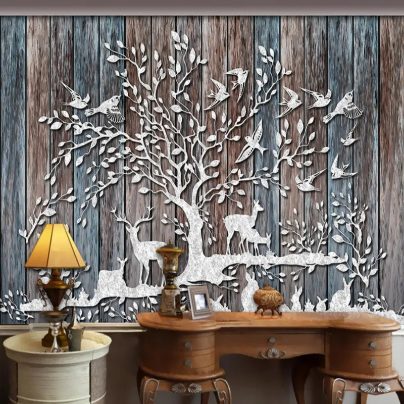 

Custom photo wallpaper Forest deer retro wood mural bedroom bathroom restaurant cafe studio wallpaper mural