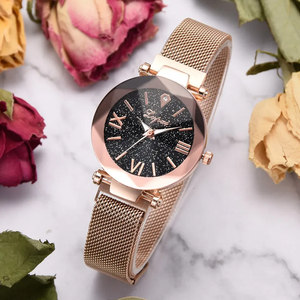 Лучшие продажи модные женские сетчатые магнитные часы с пряжкой звездное небо роскошные женские Геометрические поверхности кварцевые часы Relogio Feminino