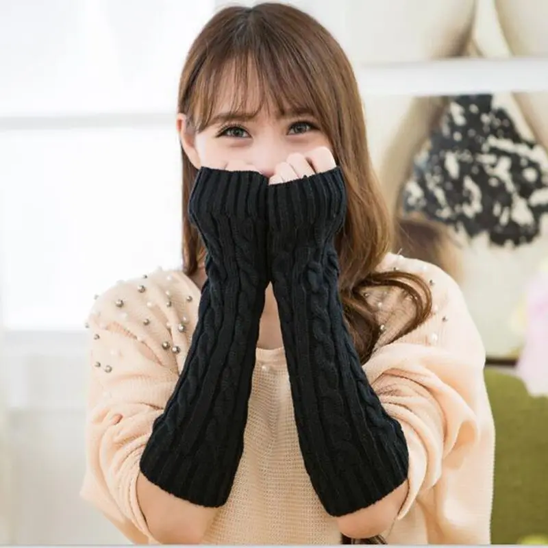 1 пара, модные теплые, вязаные длинные перчатки, осенние и зимние перчатки без пальцев для женщин