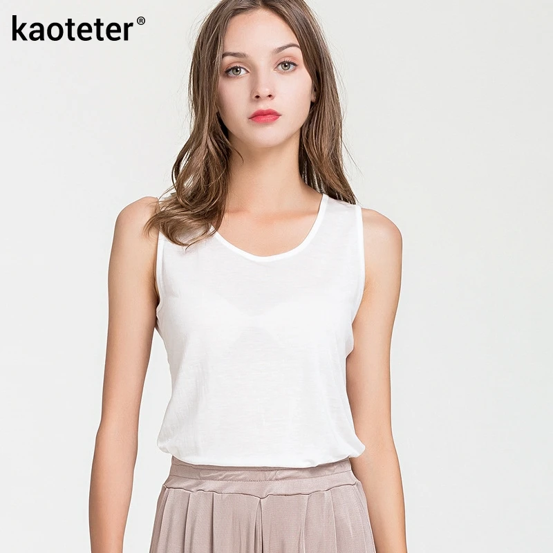 

10% Silk 90% Lyocell Women Tank Tops O-Neck Tee Shirt Tops Women Sleeveless Candy Color Female Basic Wild Causal Vest Top Shirts