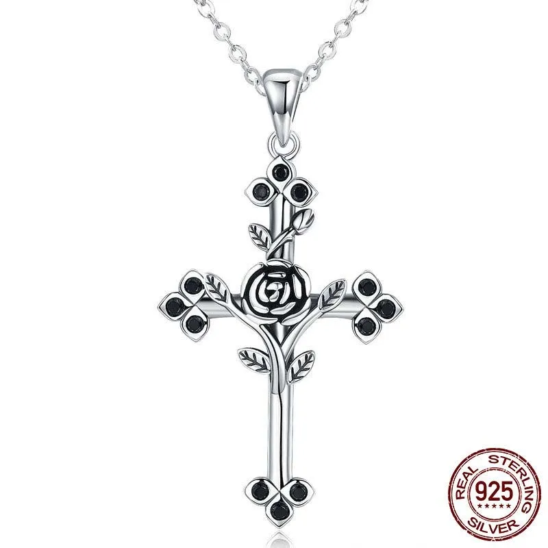 

Fashion Creative Personality Rose Cross Necklace Pendant Birthday Commemorative Prom Party Gift Jewelry Accessory