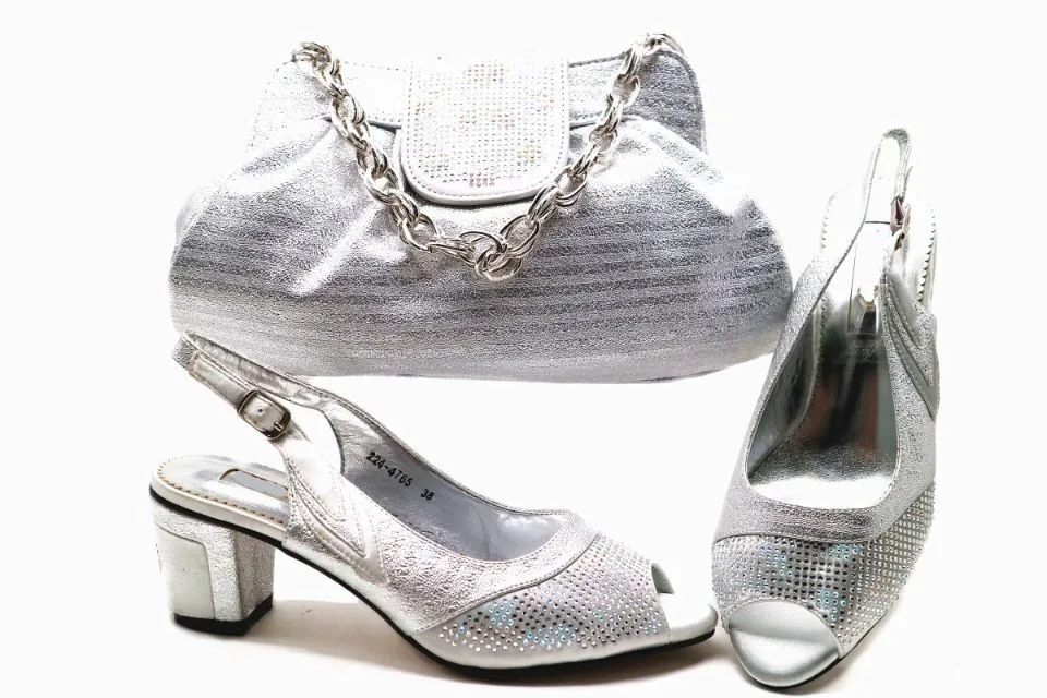 

Popular silver women pumps with rhinestone decoration african shoes match handbag set for dress X19,heel 6.5CM