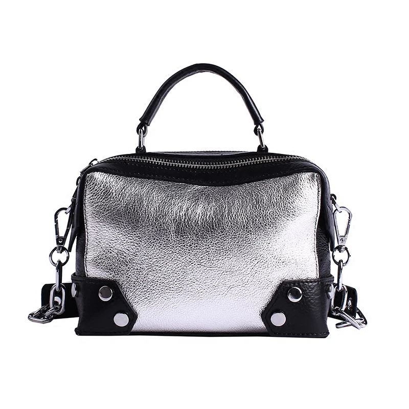 

2018 European and American Rivet Chain Design Head Layer Cowhide Women Flap Bag Small Square Bag Simple Leather Handbag Silver