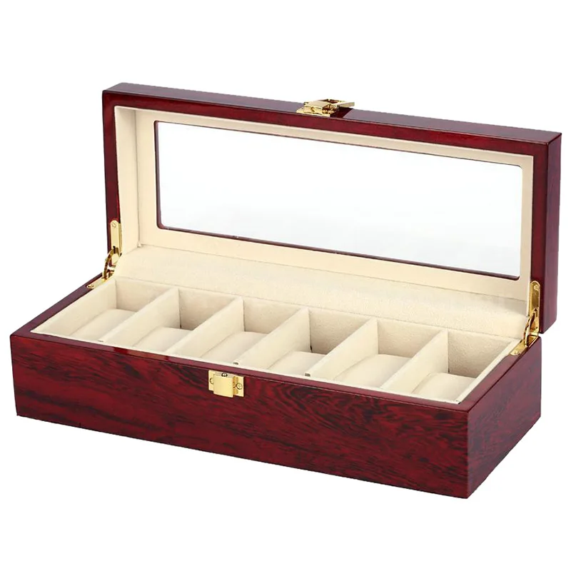 Ceny 6 slotów czerwony kolor drewno materiał pudełka do zegarków dla mężczyzn lub sklep wyświetlacz zegarki praktyczny zegarek biżuteryjny Storage Organizer Cases
