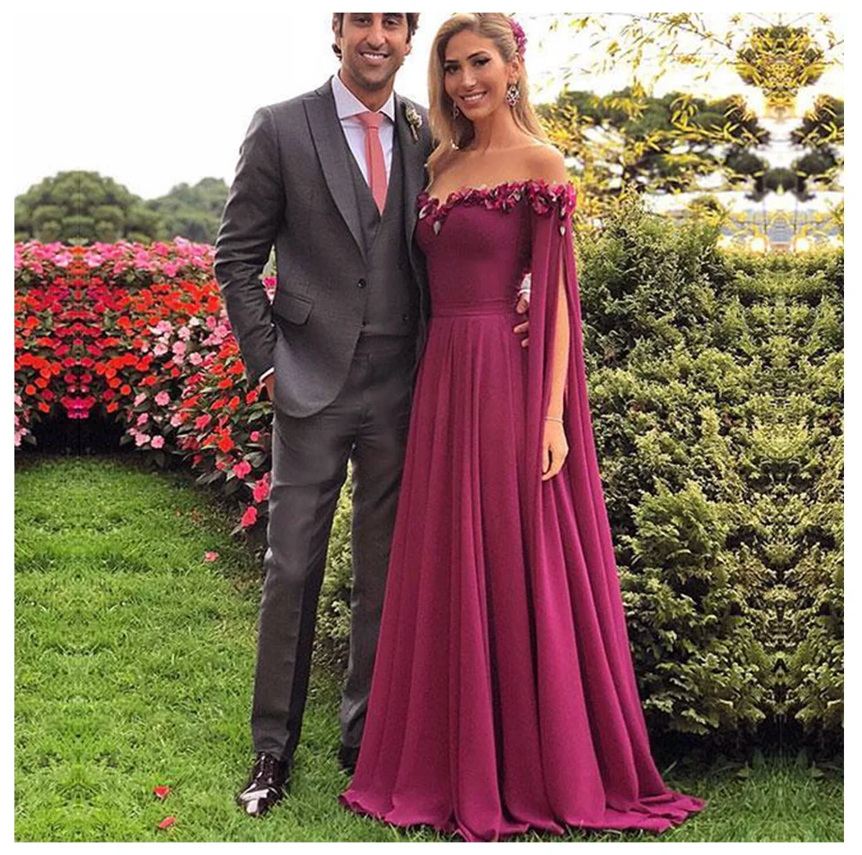 

Long Fuchsia Flower 2019 Evening Dress Sleeve Chiffon Evening Gown Robe De Soiree Elegant Off Shoulder Formal Dress