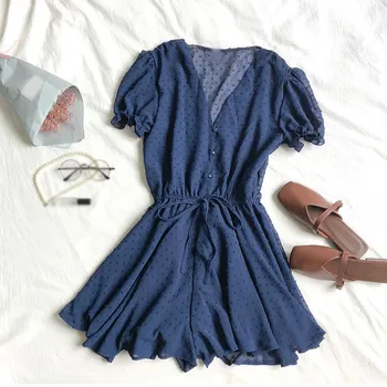 

Summer Women Casual Polka Dot Short Jumpsuits Loose Puff Sleeve V-Neck Overalls Elegant Waist Drawstring Beach Playsuits Rompers