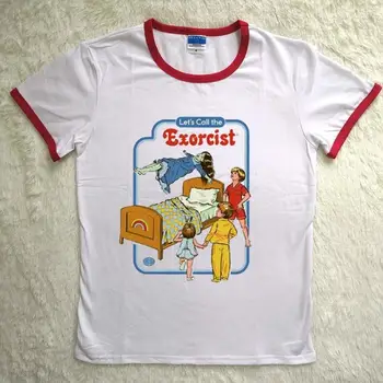 

Summer Fashion Cool Horror Demons T-shirt Women Lets Call The Exorcist T Shirt For Men Summons Designed White Short Sleev