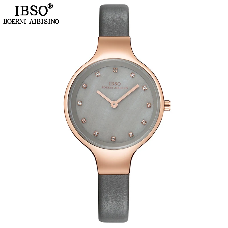 IBSO, брендовые роскошные женские часы с циферблатом, модные наручные часы из нержавеющей стали с сетчатым ремешком, женские кварцевые часы с кристаллами - Цвет: grey leather