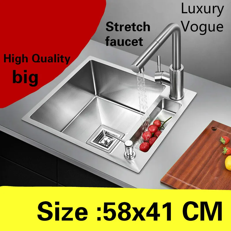 

Free shipping Apartment big kitchen manual sink single trough luxury stretch faucet 304 stainless steel hot sell 580x410 MM