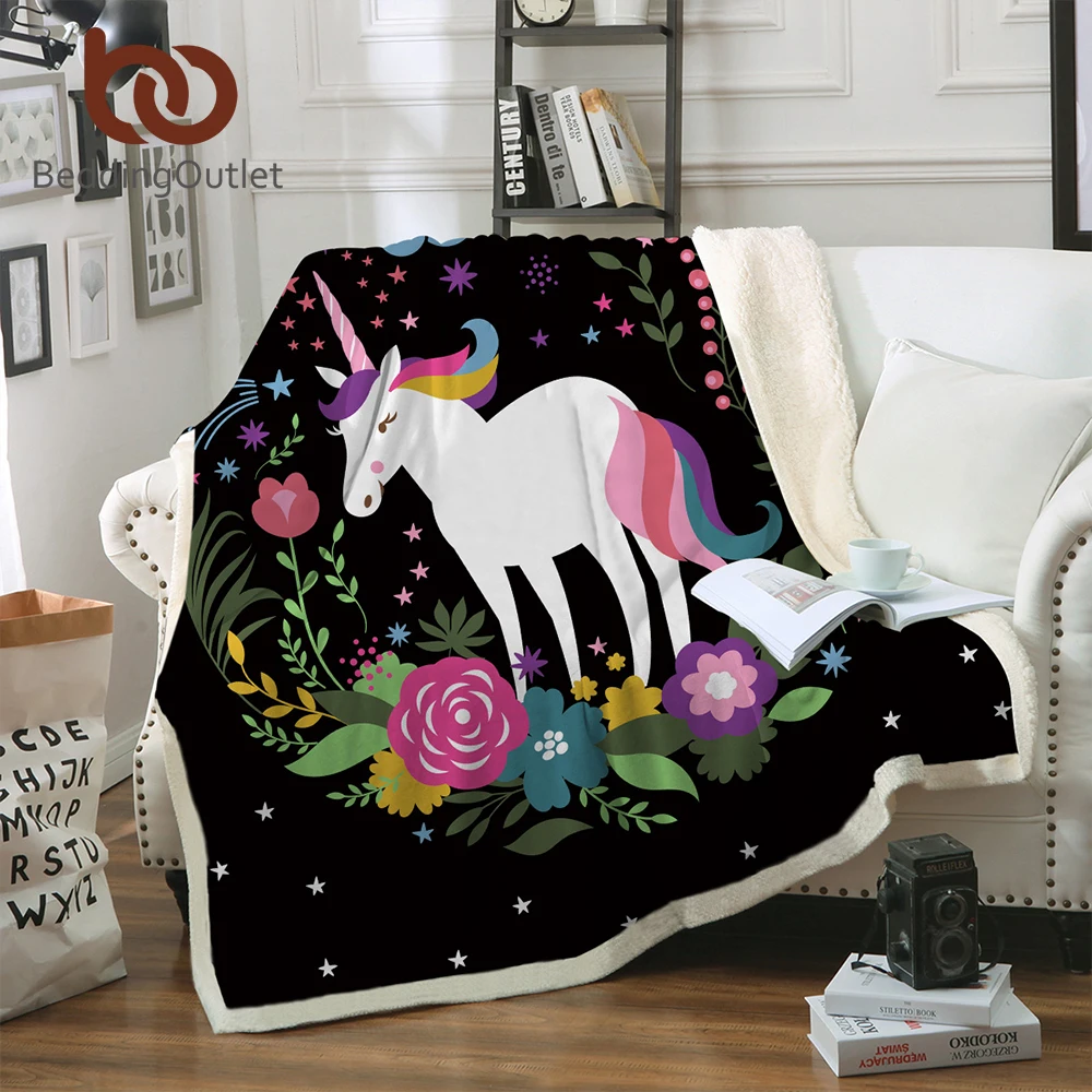 

BeddingOutlet Unicorn Cartoon Throw Blanket for Kids Flowers Bedspread Rainbow Hair Sherpa Plush Bed Blanket Stars Moon Bedding