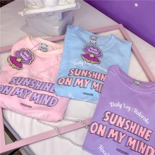 Purple Pink Blue Children's Funny Cotton Short Sleeve T-shirt Female Pure Color Student Cec Ancient Sensitive Girl ins Top TX4