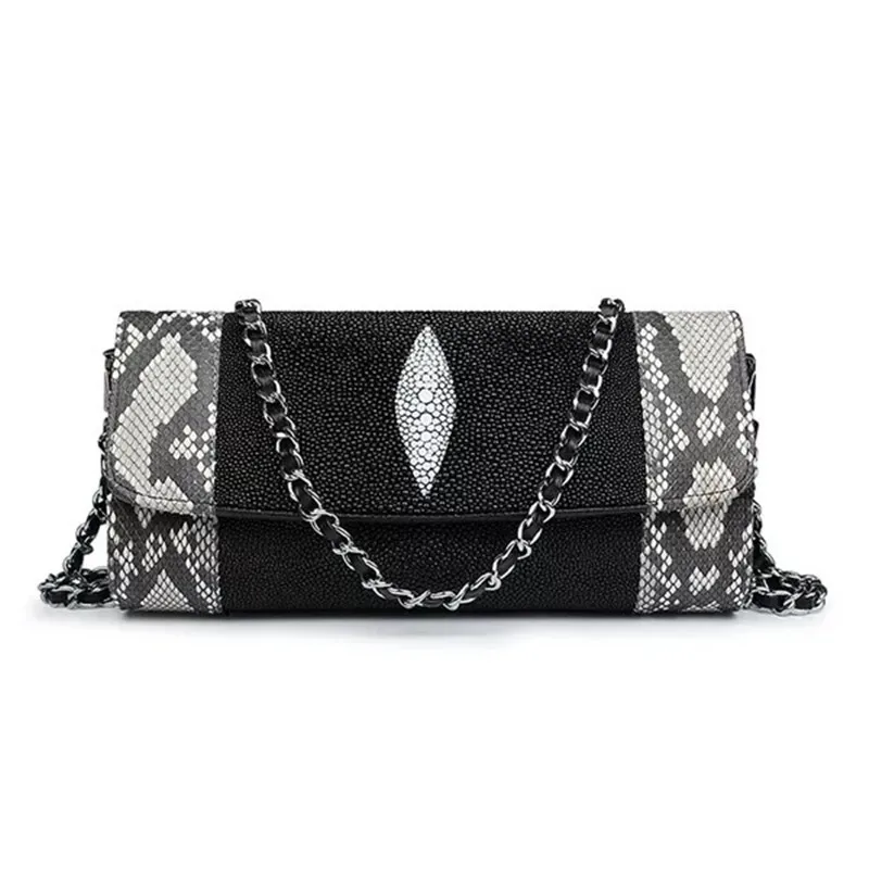 

Fashion Python Skin Patchwork Stingray Skin Ladies Silver Chain Bags Exotic Snakeskin Women's Small Flap Shoulder Bag For Female