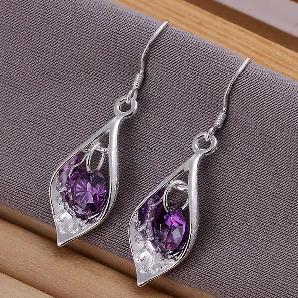 

Lady's Fashion Jewelry Silver Inlaid Purple Stone Shell Dangle Earrings Ear Studs For Women Gift 88 M8694