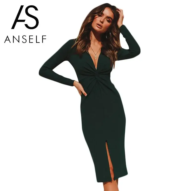 

Women Ruched Front Autumn Dress Pure Color Deep V Neck Twist Ruching Splits Fall Dress Long Sleeve Slim Midi Elegant One-Piece