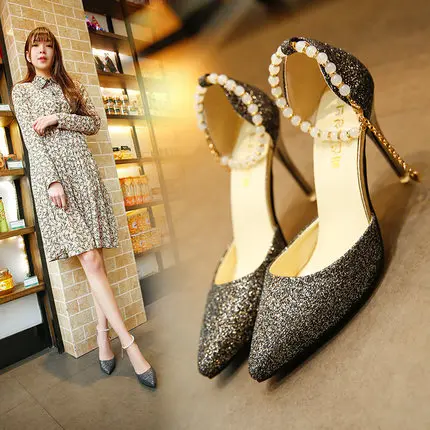 

2019 summer high heel stiletto pointed side Korean version of the female sandals sequins new Baotou beaded women's shoes women's