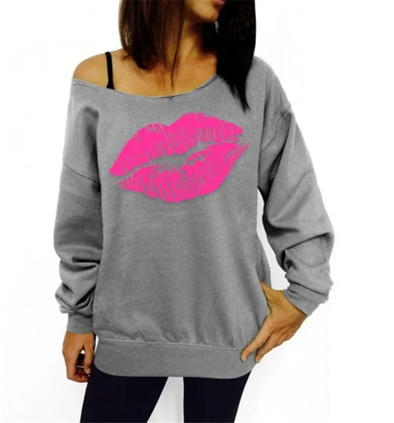  Adogirl Big Lips Print Plus Size Women Sweatshirts Sexy Off Shoulder Long Sleeved Loose Casual Pull