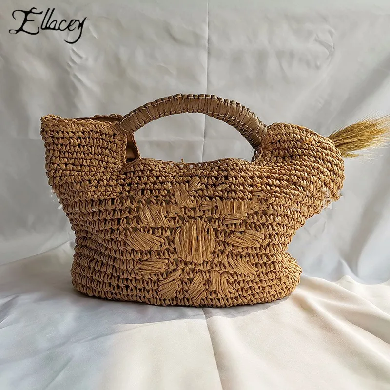 

New Retro Summer Women Beach Bag Hand Made Straw Bag Flower Pattern Rattan Knitting Tote Bag Large Capacity Holiday Gift Bags