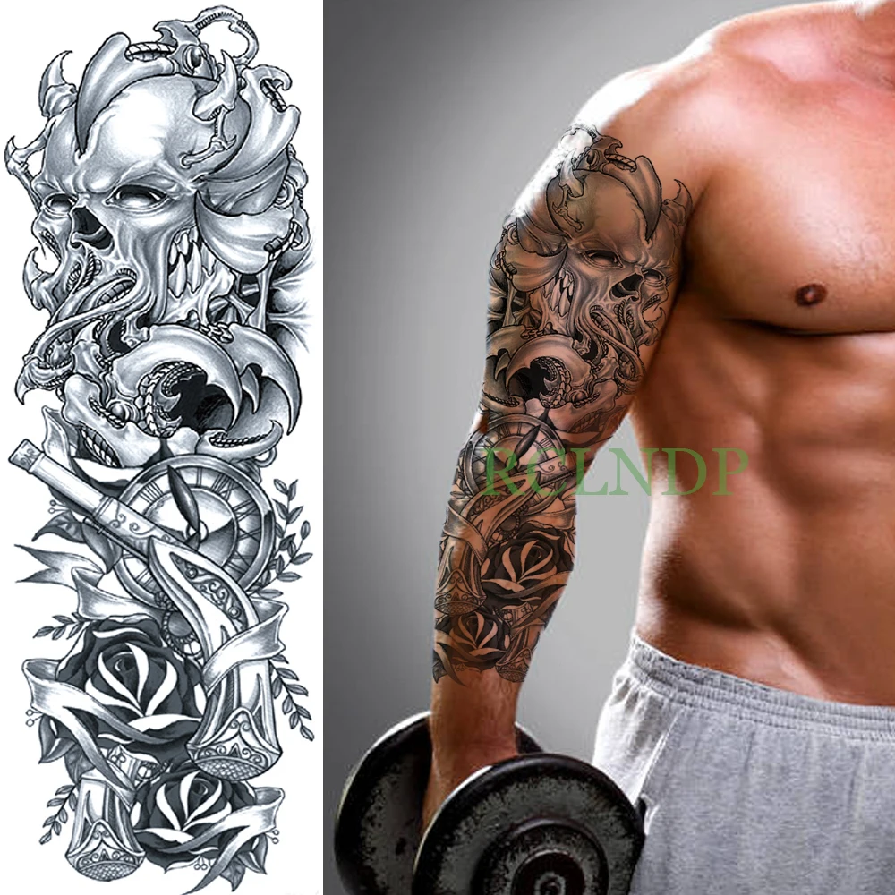 

Waterproof Temporary Tattoo Sticker full arm skull octopus kraken gun devil curse tatto flash tatoo fake tattoos for men