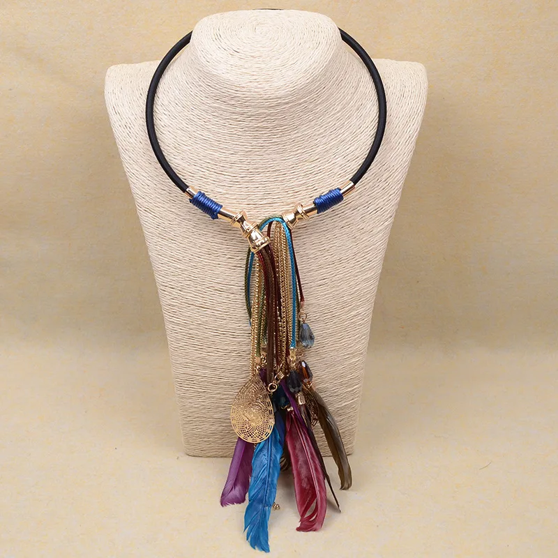 

Leather feather ethnic long necklace/collier ethnique/gros collier femme/ boho tribal vintage women accessories wholesale/colar