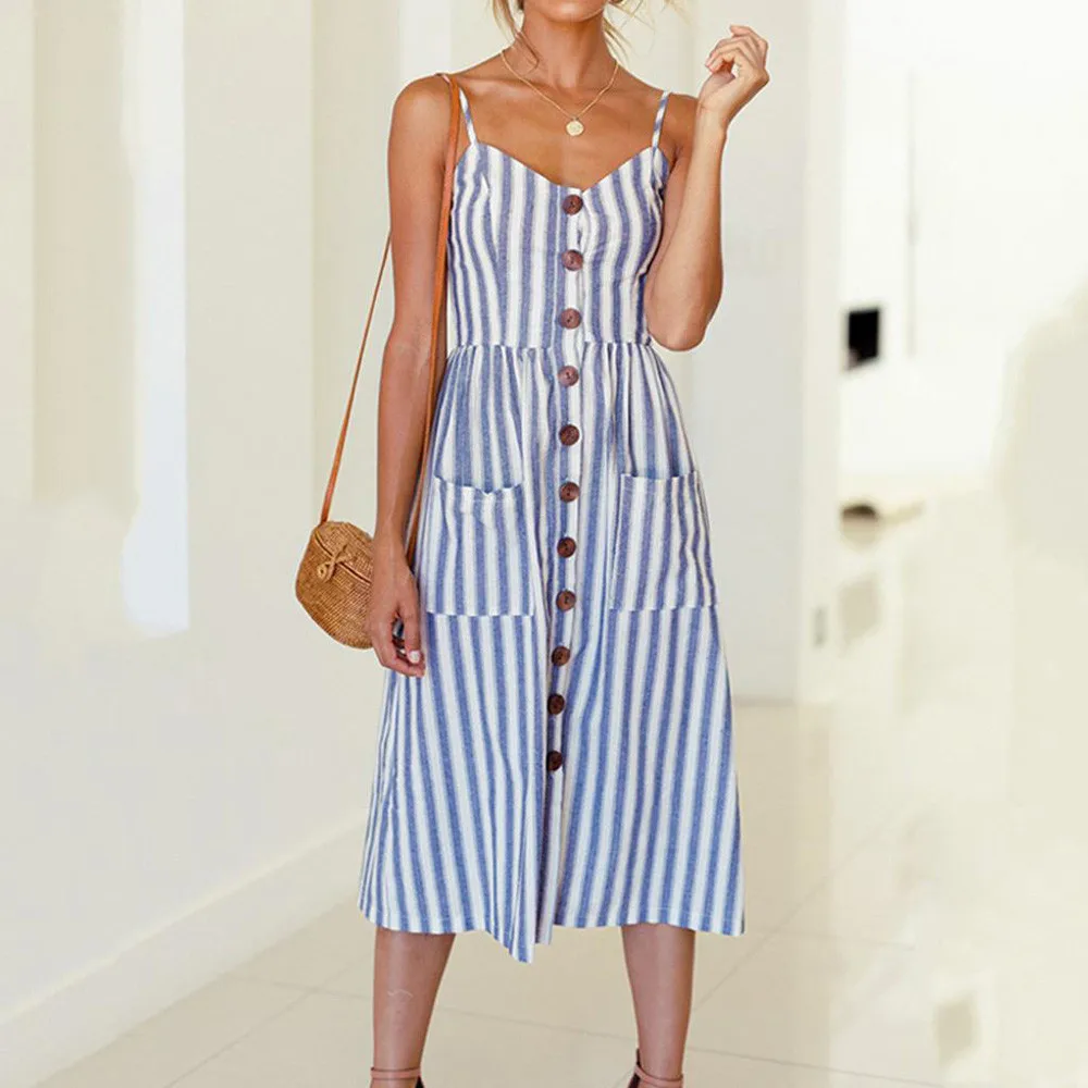 

Holiday Striped Single Breasted Ladies Dress Summer Button Deco Pocket Mid-Calf Dresses Casual Spaghetti Strap Dress Longue