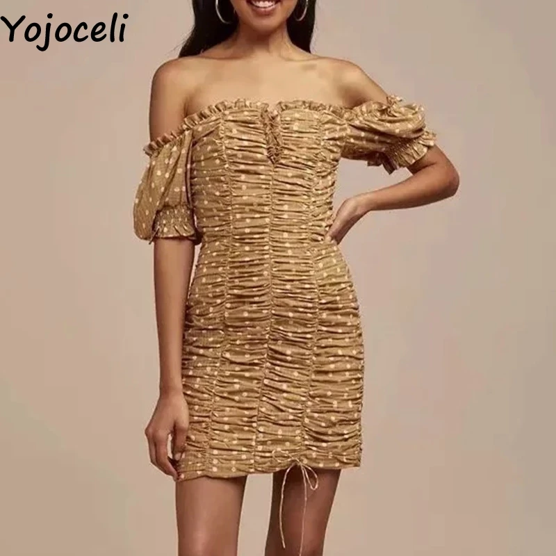 

Yojoceli Sexy off shoulder polka dot dress women Summer beach pleated dress female Casual daily short dress vestidos