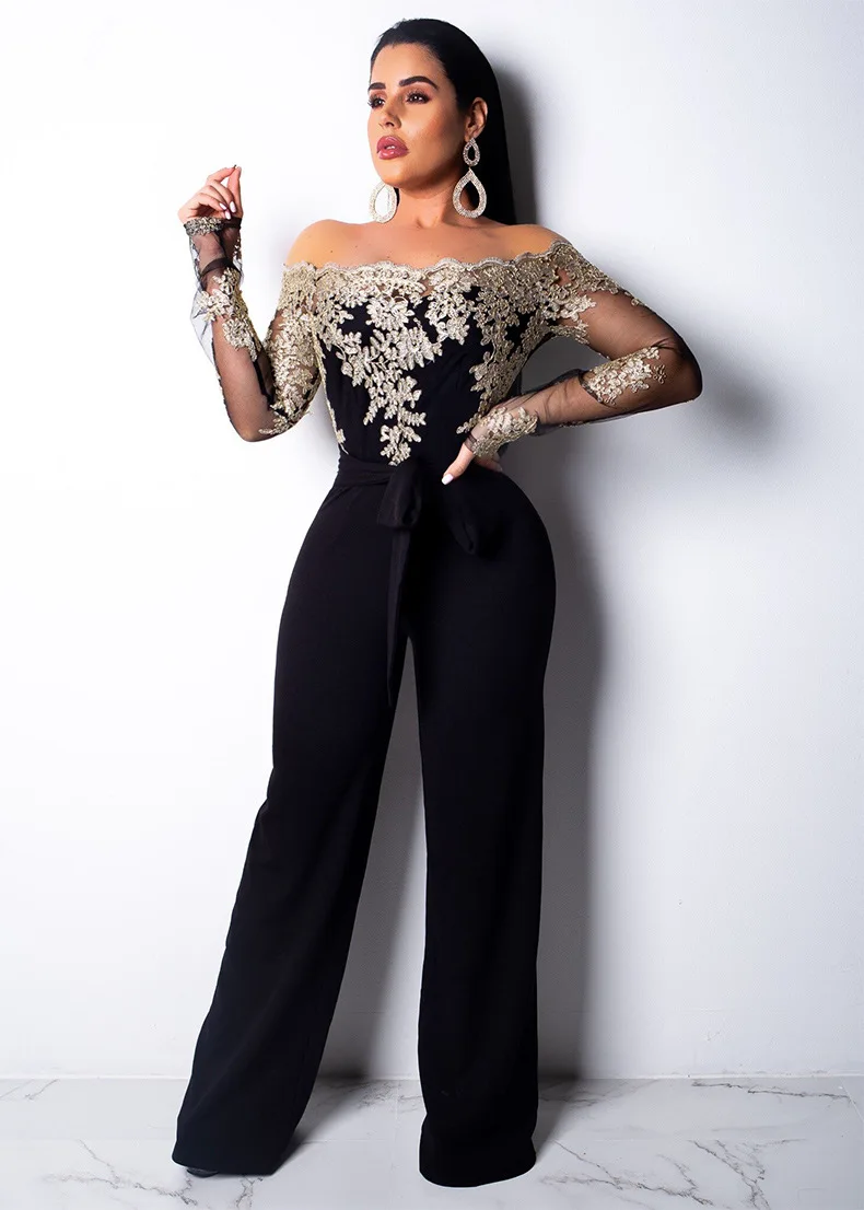 

Mesh Embroidery Patchwork Sexy Jumpsuits Women Slash Neck Long Sleeve Wide Leg Romper Elegant See Through Party Romper CY8064