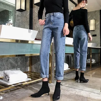 

Nonis Elegant Blue Jeans Women Pants Zipper Pocket Denim Pants Casual Streetwear Office Lady Trousers 2019 High Waist Pants