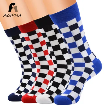

Retro Plaid Patterned Men Crew Socks Casual Elegant Patchwork Color Over Ankle Male Socks Happy Funny Style 4 Pairs/lot 4 Colors