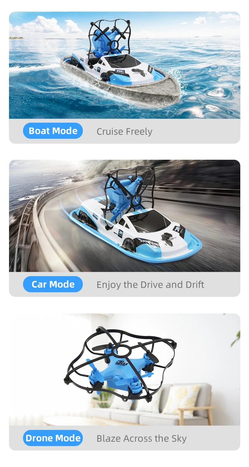 Global Drone GW123 мини-Дрон, игрушки для мальчиков и девочек, трифибийский автомобиль, Радиоуправляемый Дрон/лодка/вертолет на воздушной подушке, Квадрокоптер