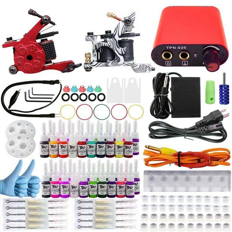 

Professional Tattoo kits Complete Equipment rotary Dual Tattoo set 2 Machine Gun 40 Color Inks Power Supply Cord Kit