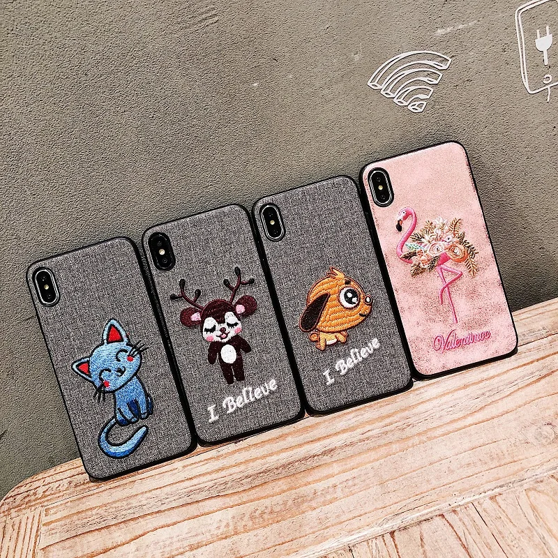 

3D Cute Cat Dog Pet Embroidery Cover Case For iPhone X XS Max XR Animal Back Case For Apple iPhone6 6s 7 8Plus Mobile phone Case