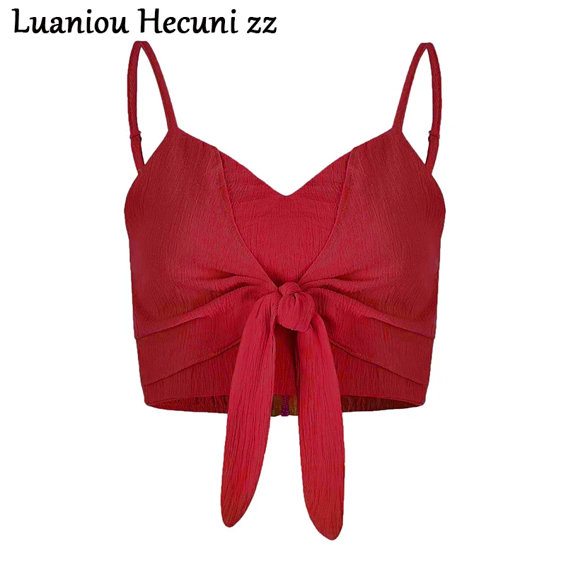 CHU Ni укороченный топ с рукавами-спагетти, женские рубашки, однотонный короткий летний топ, женская уличная одежда, сексуальные женские блузки с бантом, LS28 - Цвет: Red