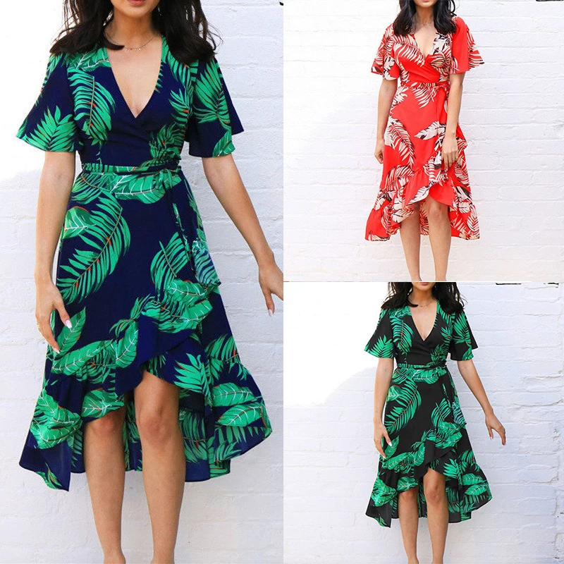 

2019 New Arrival Summer Chiffon Dress Sexy V Neck Print Short Sleeve Beach Dress Irregular Belts Large Size Sundress Vestidos