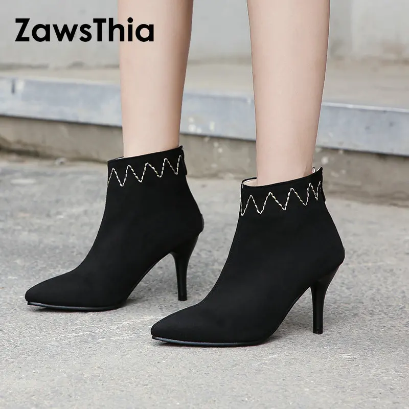 ZawsThia/осень-зима 2020 Теплые плюшевые модные женские ботильоны на высоком каблуке