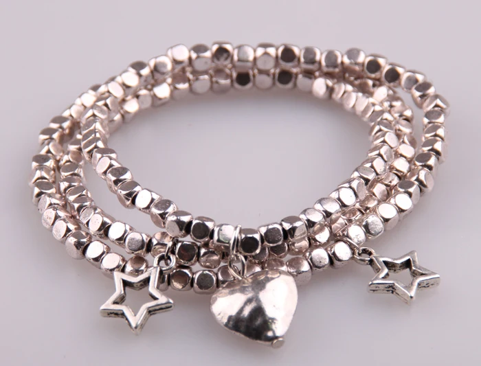 

Free shipping fashion square beads 3 row bracelet with heart, charm alloy beads lady stretch bracelet