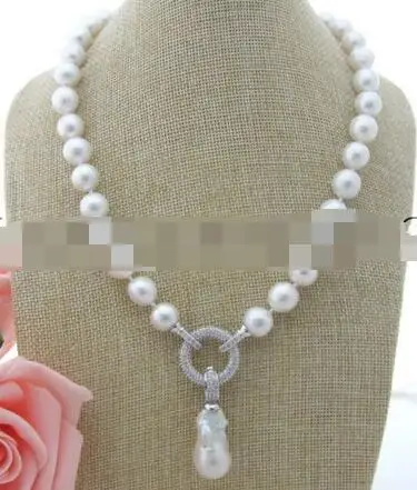 

Free shipping 9-10mm White Keshi Pearl Necklace CZ Pendant