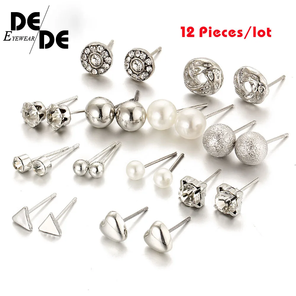 

12 Pcs/Set Crystal Alloy Round Ball Gold Color Stud Earrings Vintage Silver Color Simulated Pearl Earring Set For Women Gift