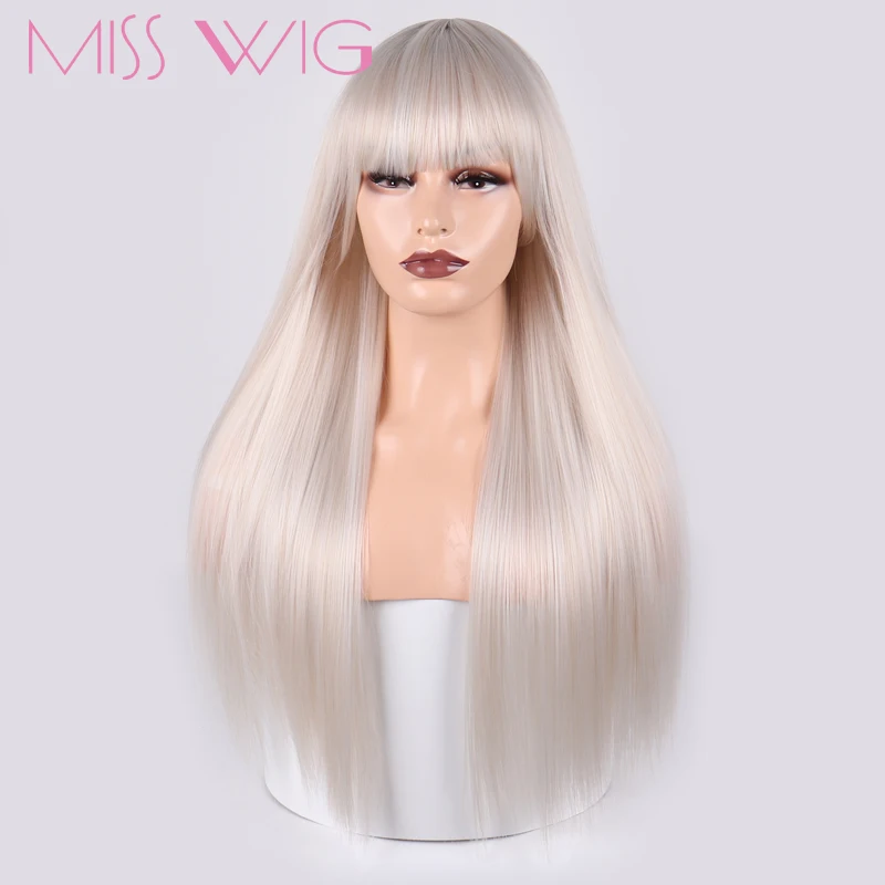 

MISS WIG Long Straight Light Wig for Women African American Synthetic Wigs with Bangs Heat Resistant