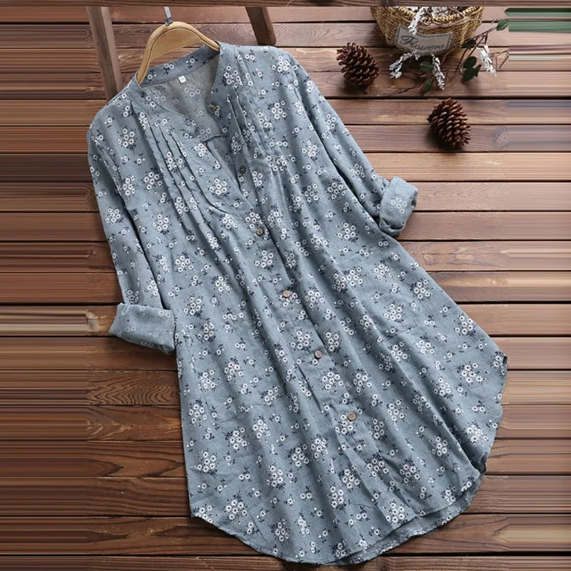 Floral Printed Summer Cozy Blouse for Women Button Down Neckline Long